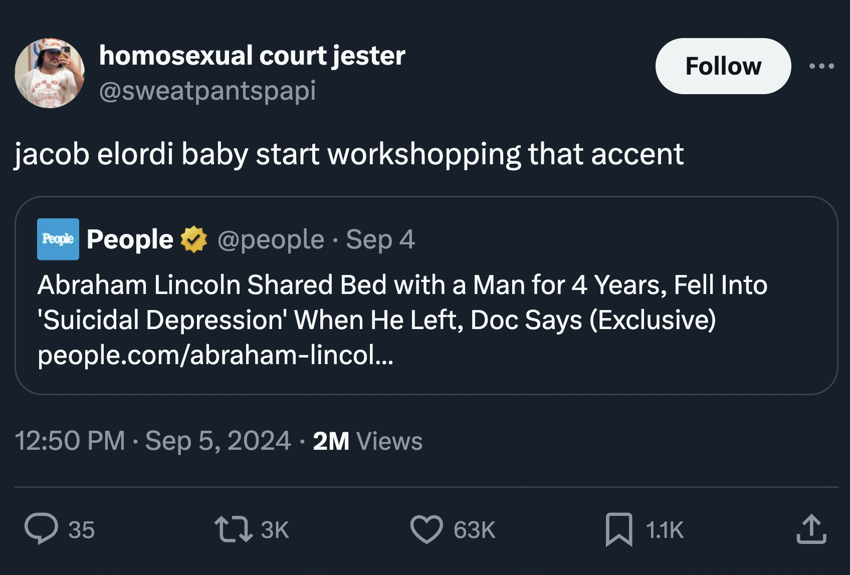 screenshot - homosexual court jester jacob elordi baby start workshopping that accent People People . Sep 4 Abraham Lincoln d Bed with a Man for 4 Years, Fell Into 'Suicidal Depression' When He Left, Doc Says Exclusive people.comabrahamlincol... 2M Views 